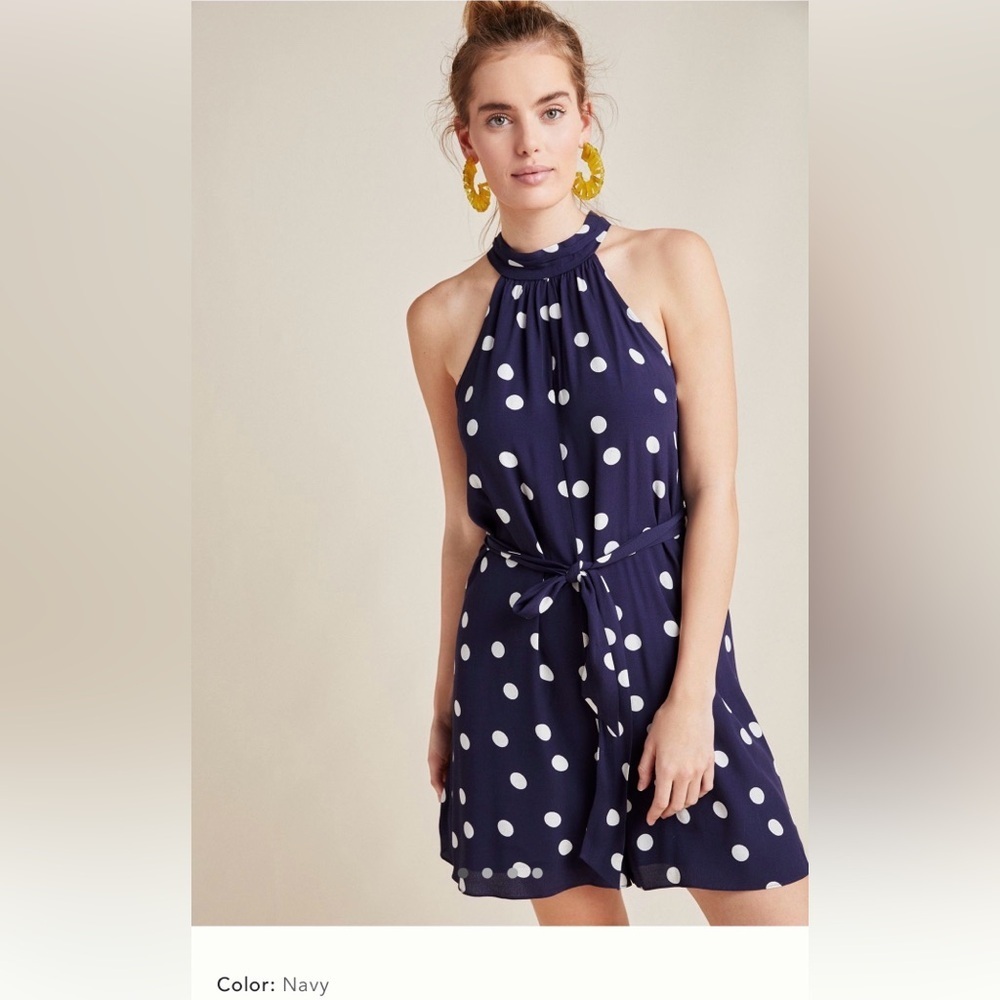 Large Anthropologie Maddie halter romper Navy blue White Polka Dot shorts - Picture 1 of 16